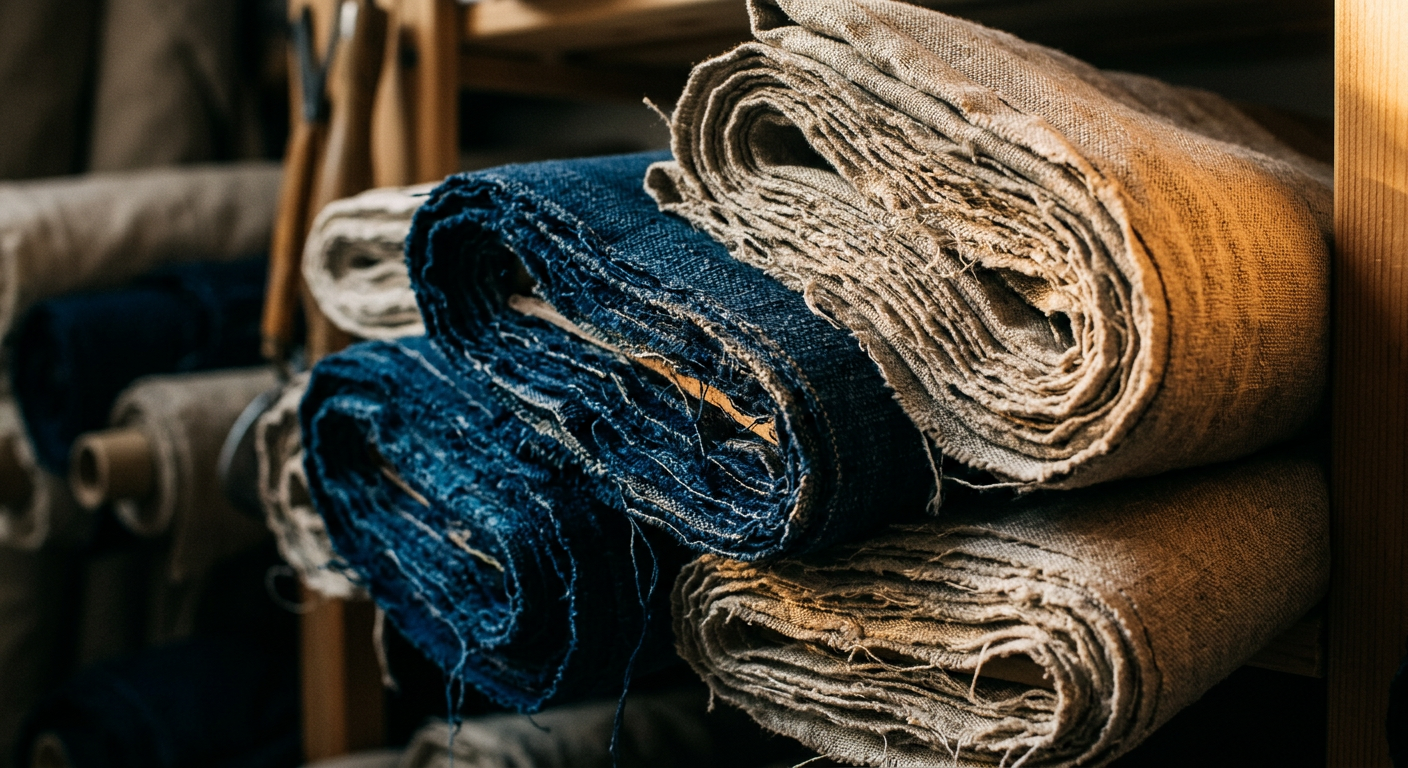Rolled bolts of indigo and undyed fabric on a workshop shelf