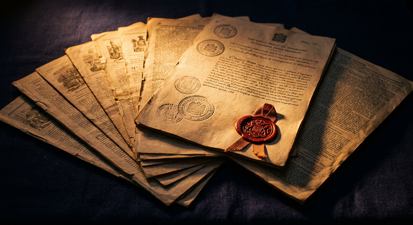 A sealed decree, wax-stamped, resting on older printed pages