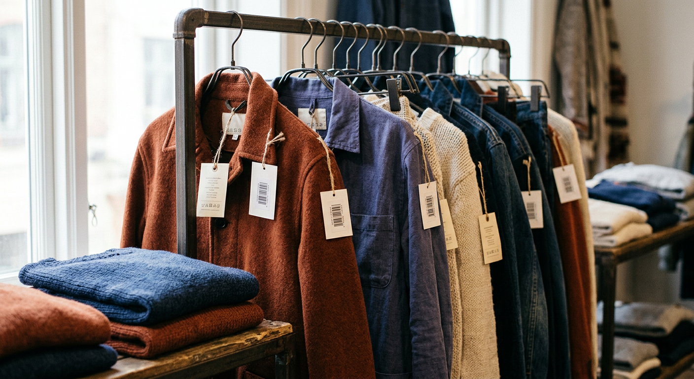 A rack of garments, each carrying a paper reference and barcode tag